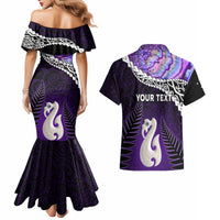 Personalised New Zealand Maori Couples Matching Mermaid Dress and Hawaiian Shirt Manaia Paua Shell Purple LT7 - Polynesian Pride