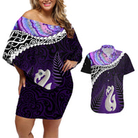 Personalised New Zealand Maori Couples Matching Off Shoulder Short Dress and Hawaiian Shirt Manaia Paua Shell Purple LT7 Purple - Polynesian Pride