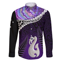 Personalised New Zealand Maori Family Matching Puletasi and Hawaiian Shirt Manaia Paua Shell Purple LT7 Dad's Shirt - Long Sleeve Purple - Polynesian Pride