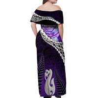 Personalised New Zealand Maori Off Shoulder Maxi Dress Manaia Paua Shell Purple LT7 - Polynesian Pride