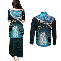 Personalised New Zealand Maori Couples Matching Puletasi and Long Sleeve Button Shirt Manaia Paua Shell Turquoise LT7 - Polynesian Pride