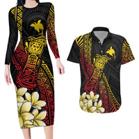 Personalized Papua New Guinea Couples Matching Long Sleeve Bodycon Dress and Hawaiian Shirt Kundu Drum Carving Motifs