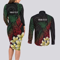 Personalized Papua New Guinea Couples Matching Long Sleeve Bodycon Dress and Long Sleeve Button Shirt Kundu Drum Motifs - Sepik Colors