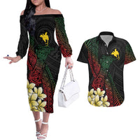 Personalized Papua New Guinea Couples Matching Off The Shoulder Long Sleeve Dress and Hawaiian Shirt Kundu Drum Motifs - Sepik Colors