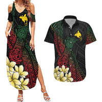 Personalized Papua New Guinea Couples Matching Summer Maxi Dress and Hawaiian Shirt Kundu Drum Motifs - Sepik Colors