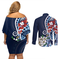 Bula Fiji Tagimaucia Mix Plumeria Masi Tapa Couples Matching Off Shoulder Short Dress and Long Sleeve Button Shirt Blue LT7 - Polynesian Pride