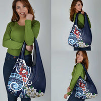 Bula Fiji Tagimaucia Mix Plumeria Masi Tapa Grocery Bag Blue