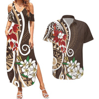 Bula Fiji Tagimaucia Mix Plumeria Masi Tapa Couples Matching Summer Maxi Dress and Hawaiian Shirt Brown LT7 Brown - Polynesian Pride