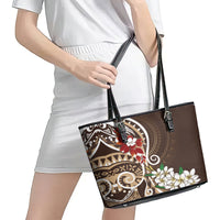 Bula Fiji Tagimaucia Mix Plumeria Masi Tapa Leather Tote Bag Brown