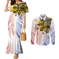 Philippines Independence Day Couples Matching Mermaid Dress and Long Sleeve Button Shirt Eagle Mix Filipino Flag Tribal Style