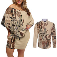 Talofa Samoa Mamanu Siapo Mix Malu Couples Matching Off Shoulder Short Dress and Long Sleeve Button Shirt Classic Beige Frangipani and Turtles