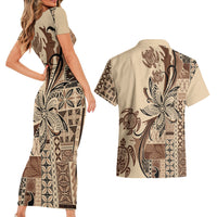 Talofa Samoa Mamanu Siapo Mix Malu Couples Matching Short Sleeve Bodycon Dress and Hawaiian Shirt Classic Beige Frangipani and Turtles