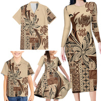 Talofa Samoa Mamanu Siapo Mix Malu Family Matching Long Sleeve Bodycon Dress and Hawaiian Shirt Classic Beige Frangipani and Turtles LT7 - Polynesian Pride