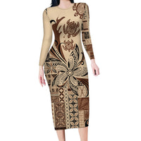 Talofa Samoa Mamanu Siapo Mix Malu Family Matching Long Sleeve Bodycon Dress and Hawaiian Shirt Classic Beige Frangipani and Turtles LT7 Mom's Dress Beige - Polynesian Pride