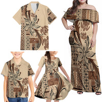 Talofa Samoa Mamanu Siapo Mix Malu Family Matching Off Shoulder Maxi Dress and Hawaiian Shirt Classic Beige Frangipani and Turtles