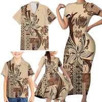Talofa Samoa Mamanu Siapo Mix Malu Family Matching Short Sleeve Bodycon Dress and Hawaiian Shirt Classic Beige Frangipani and Turtles LT7 - Polynesian Pride
