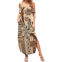 Talofa Samoa Mamanu Siapo Mix Malu Family Matching Summer Maxi Dress and Hawaiian Shirt Classic Beige Frangipani and Turtles