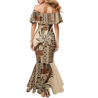 Talofa Samoa Mamanu Siapo Mix Malu Mermaid Dress Classic Beige Frangipani and Turtles