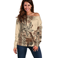 Talofa Samoa Mamanu Siapo Mix Malu Off Shoulder Sweater Classic Beige Frangipani and Turtles