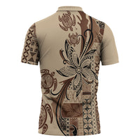Talofa Samoa Mamanu Siapo Mix Malu Zipper Polo Shirt Classic Beige Frangipani and Turtles