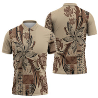 Talofa Samoa Mamanu Siapo Mix Malu Zipper Polo Shirt Classic Beige Frangipani and Turtles