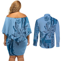 Talofa Samoa Mamanu Siapo Mix Malu Couples Matching Off Shoulder Short Dress and Long Sleeve Button Shirt Cool Blue Frangipani and Turtles