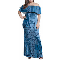 Talofa Samoa Mamanu Siapo Mix Malu Family Matching Off Shoulder Maxi Dress and Hawaiian Shirt Cool Blue Frangipani and Turtles