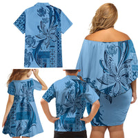 Talofa Samoa Mamanu Siapo Mix Malu Family Matching Off Shoulder Short Dress and Hawaiian Shirt Cool Blue Frangipani and Turtles