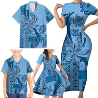 Talofa Samoa Mamanu Siapo Mix Malu Family Matching Short Sleeve Bodycon Dress and Hawaiian Shirt Cool Blue Frangipani and Turtles LT7 - Polynesian Pride