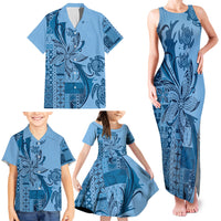 Talofa Samoa Mamanu Siapo Mix Malu Family Matching Tank Maxi Dress and Hawaiian Shirt Cool Blue Frangipani and Turtles