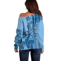 Talofa Samoa Mamanu Siapo Mix Malu Off Shoulder Sweater Cool Blue Frangipani and Turtles