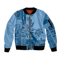 Talofa Samoa Mamanu Siapo Mix Malu Sleeve Zip Bomber Jacket Cool Blue Frangipani and Turtles