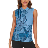Talofa Samoa Mamanu Siapo Mix Malu Women Sleeveless Polo Shirt Cool Blue Frangipani and Turtles