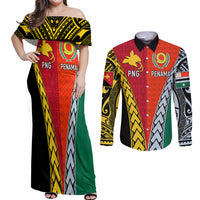 Personalised Papua New Guinea Mix Penama Couples Matching Off Shoulder Maxi Dress and Long Sleeve Button Shirts Tribal Patterns Half-Half Style LT7 Colorful - Polynesian Pride