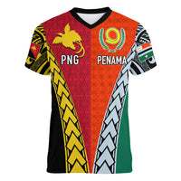 Personalised Papua New Guinea Mix Penama Women V Neck T Shirt Tribal Patterns Half-Half Style LT7 Female Colorful - Polynesian Pride