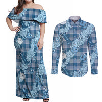 Blue Palaka Hawaii Cowboy Christmas Couples Matching Off Shoulder Maxi Dress and Long Sleeve Button Shirt Paniolo Mix Maile Lei - Polynesian Pride