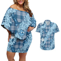 Blue Palaka Hawaii Cowboy Christmas Couples Matching Off Shoulder Short Dress and Hawaiian Shirt Paniolo Mix Maile Lei - Polynesian Pride