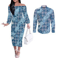 Blue Palaka Hawaii Cowboy Christmas Couples Matching Off The Shoulder Long Sleeve Dress and Long Sleeve Button Shirt Paniolo Mix Maile Lei - Polynesian Pride