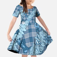 Blue Palaka Hawaii Cowboy Christmas Family Matching Short Sleeve Bodycon Dress and Hawaiian Shirt Paniolo Mix Maile Lei - Polynesian Pride