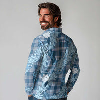 Blue Palaka Hawaii Cowboy Christmas Long Sleeve Polo Shirt Paniolo Mix Maile Lei - Polynesian Pride