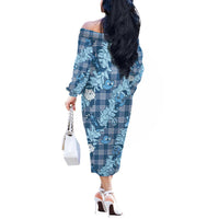 Blue Palaka Hawaii Cowboy Christmas Off The Shoulder Long Sleeve Dress Paniolo Mix Maile Lei - Polynesian Pride