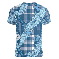 Blue Palaka Hawaii Cowboy Christmas Women V-Neck T-Shirt Paniolo Mix Maile Lei - Polynesian Pride