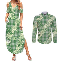 Green Palaka Hawaii Cowboy Christmas Couples Matching Summer Maxi Dress and Long Sleeve Button Shirt Paniolo Mix Maile Lei - Polynesian Pride