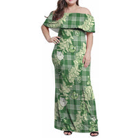 Green Palaka Hawaii Cowboy Christmas Family Matching Off Shoulder Maxi Dress and Hawaiian Shirt Paniolo Mix Maile Lei - Polynesian Pride