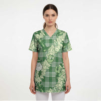 Green Palaka Hawaii Cowboy Christmas Scrub Top Paniolo Mix Maile Lei - Polynesian Pride