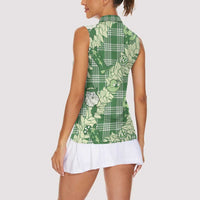 Green Palaka Hawaii Cowboy Christmas Women Sleeveless Polo Shirt Paniolo Mix Maile Lei - Polynesian Pride