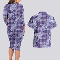 Purple Palaka Hawaii Cowboy Christmas Couples Matching Long Sleeve Bodycon Dress and Hawaiian Shirt Paniolo Mix Maile Lei LT7 - Polynesian Pride