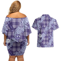 Purple Palaka Hawaii Cowboy Christmas Couples Matching Off Shoulder Short Dress and Hawaiian Shirt Paniolo Mix Maile Lei - Polynesian Pride