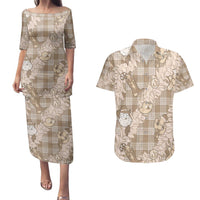 Khaki Palaka Hawaii Cowboy Christmas Couples Matching Puletasi and Hawaiian Shirt Paniolo Mix Maile Lei - Polynesian Pride