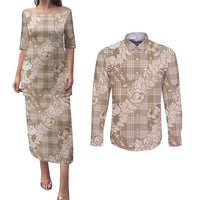 Khaki Palaka Hawaii Cowboy Christmas Couples Matching Puletasi and Long Sleeve Button Shirt Paniolo Mix Maile Lei - Polynesian Pride